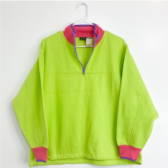 Vintage Tops - Vibrant Green and Pink Quarter-Zip Pullover